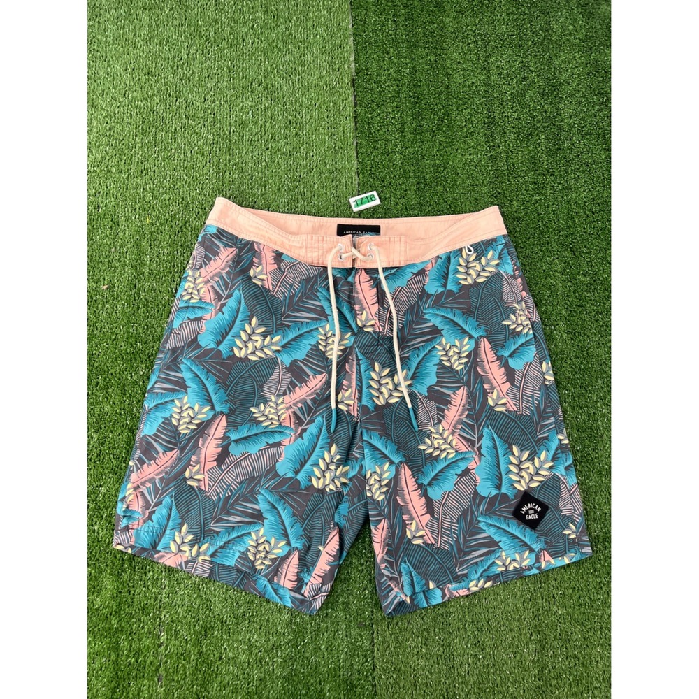 American Eagle Mens Tropical Leaf Print Board Shorts Teal Pink Medium